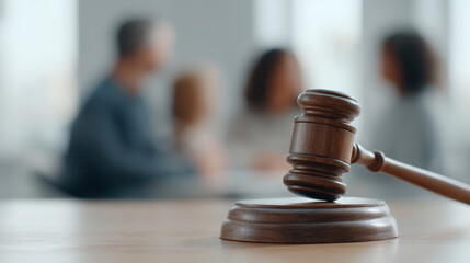 Divorce legal separation concept represented by wooden gavel on table with blurred couple in background showing emotional tension and courtroom setting