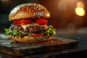 Juicy gourmet burger topped with fresh produce and cheese, placed on wood with cozy lighting, symbolizing casual dining and food enjoyment