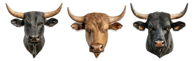Three Realistic Cattle Heads in Detailed Portraits for Farm Themes Isolated Transparent Background