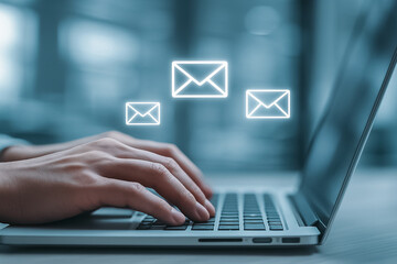 Obraz premium Close-up of hands typing on a laptop, with white glowing email icons flying out from the keyboard. The office background is blurred in motion blur, creating a bokeh effect.