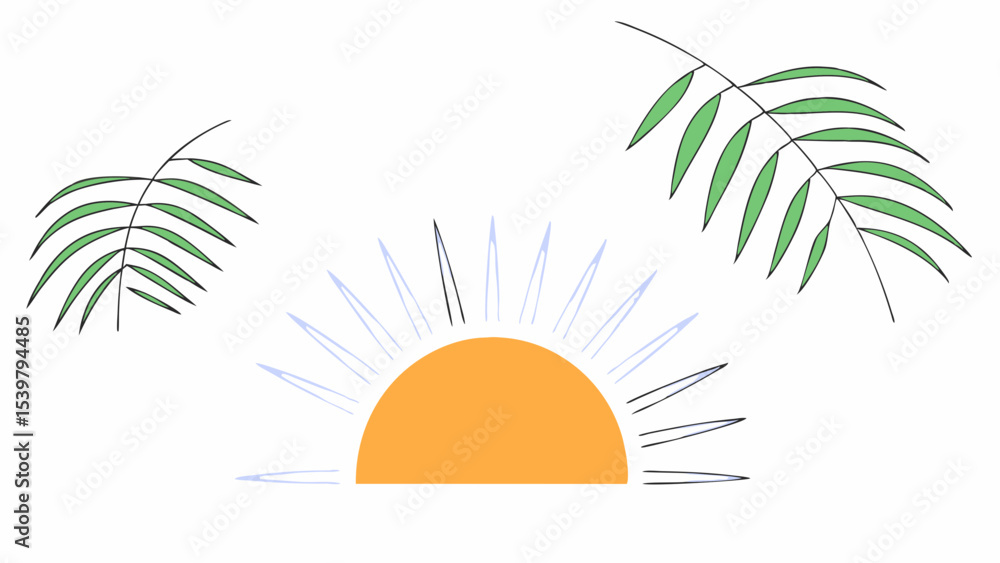 Poster illustration of a rising sun with rays and two palm tree branches on a white background scene view