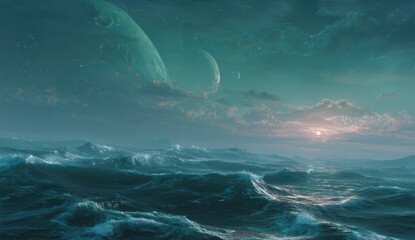 A teal-toned alien seascape, featuring a turbulent ocean under a twilight sky with two large celestial bodies and scattered clouds