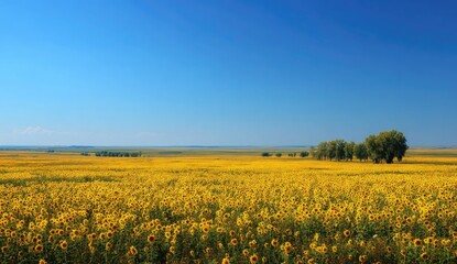 Obraz premium Expansive sunflower field under a vibrant blue sky, a small copse of trees visible in the distance