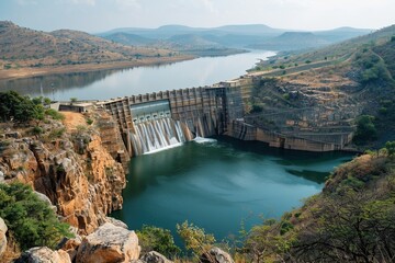 Modern dam infrastructure with cascading water and reservoir, symbolizing power, control and environmental management