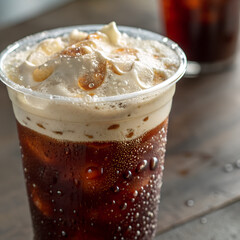 Cold brew coffee with vanilla foam in a clear plastic cup