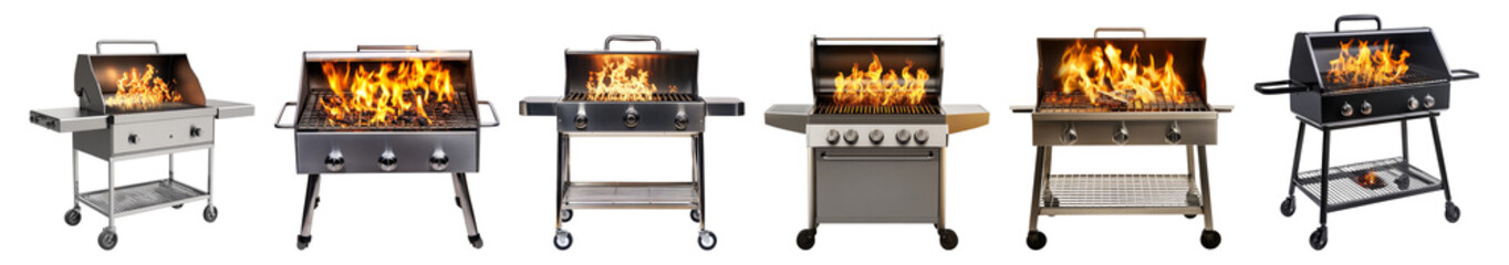 Various Modern Barbecue Grills with Flames and Cooking Features Isolated Transparent Background