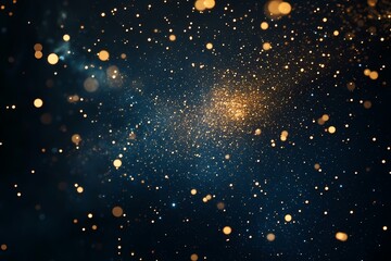 Starburst of tiny gold lights radiating across a deep blue-black space with scattered sparkle textures 
