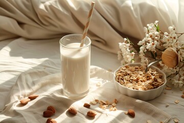 Overhead shot showcasing balanced snack arrangement with milk, nuts and cereal, ideal for healthy lifestyle, breakfast ideas and dairy promotions