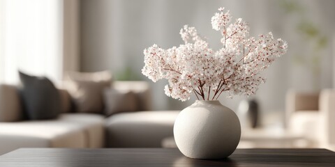 Delicate white blossoms in a round, matte vase rest on a dark wood table, blurred living room background