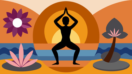 Silhouette of a person doing yoga pose at sunset with flowers and a palm tree on the beach art