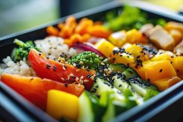 Fresh organized bento box composition photographed in bright lighting, ideal for use in wellness blogs, restaurant menus and food delivery branding
