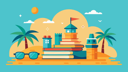 Obraz premium Illustration of a beach scene with palm trees, sunglasses, and a sandcastle made of books and towers