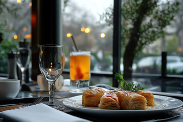 A set table in a modern cafe with a laconic light interior.