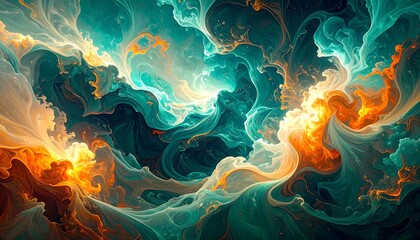 Abstract swirling teal  orange clouds.