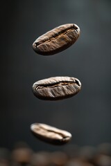 Vertical artistic shot of levitating coffee beans, suspended in air with dramatic lighting, conveying energy, aroma and the essence of freshly brewed coffee culture