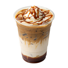 Iced caramel macchiato in a plastic to-go cup, layers of milk and espresso topped with caramel drizzle