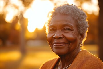 Radiant elderly lady enjoying a peaceful moment in nature, her kind expression glowing in soft golden sunlight
