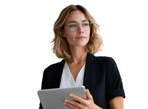 A woman wearing glasses and a black jacket is holding a tablet