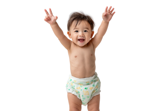 A baby is standing up and smiling