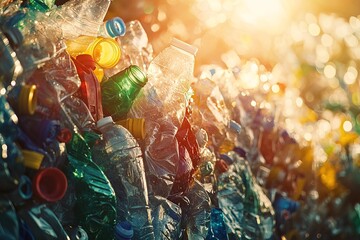 large pile of plastic bottles with focus on transparent and colored containers on blurred background. Ideal for illustrating plastic waste issues, recycling themes, environmental awareness