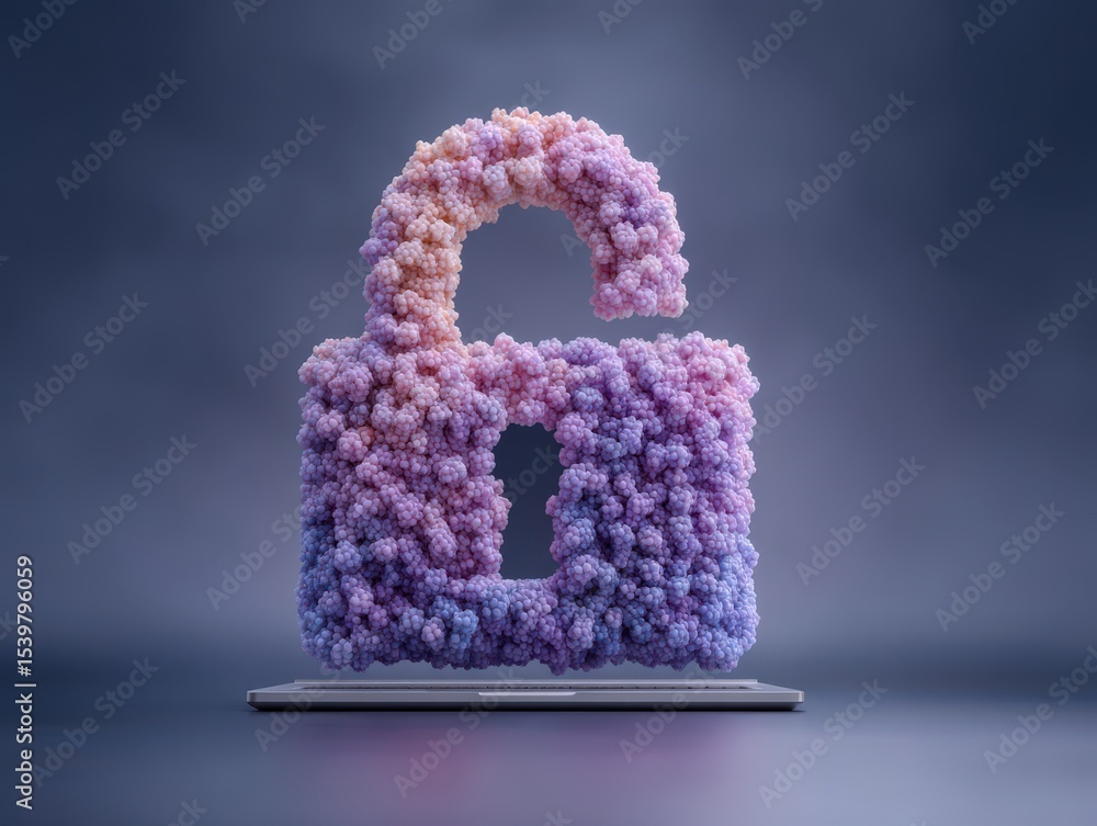 Poster abstract digital lock symbol created with textured purple and pink shapes floating above a sleek lap
