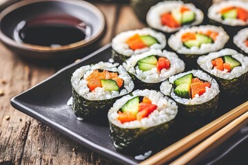 Plate of colorful vegan sushi rolls with fresh vegetables, wrapped in rice and seaweed, served with soy sauce and chopsticks under soft, diffused lighting