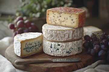 Elegant food composition with selection of artisan cheeses, including creamy soft, aged hard and bold blue varieties, complemented by fresh grapes and rustic backdrop