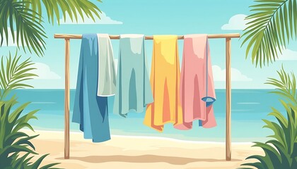 Colorful beach towels hang on a rack with ocean and palm trees in the background.