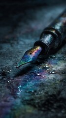 Close-up of a fountain pen with iridescent ink.