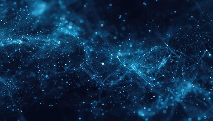 Obraz premium Abstract digital artwork depicting a dark blue, ethereal network of interconnected glowing points and lines, resembling a cosmic nebula or data stream