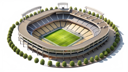 Isometric View of a Large Modern Stadium with Yellow Seats Green Field and Surrounding Trees A I G E N E R A T E D - P N G isolated on a transparent background