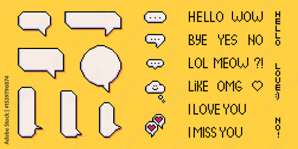 Poster retro pixel art speech bubbles and chat messages on yellow background - 8 bit style communication ba