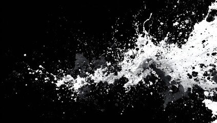 Obraz premium Dynamic monochrome paint splash against a black backdrop, showcasing texture and motion through varied sized splatters and streaks