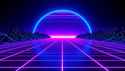 Retro Synthwave Sunset Landscape.