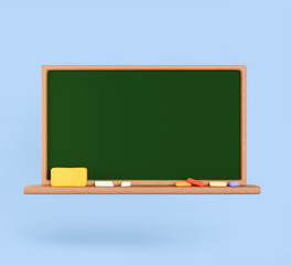 3d green school blackboard icon render. Classroom chalkboard with wooden frame, pieces of chalk and sponge on shelf. Blank rectangular slate board isolated on blue wall background. 3D illustration © marozhkastudio
