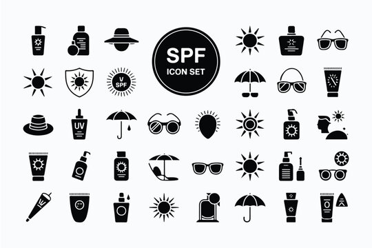 Sun protection, SPF icon set. Vector glyph pictograms of sunscreen, hat, sunglasses, UV shield, beach umbrella, skincare, skin safety, summer care black silhouette illustration.