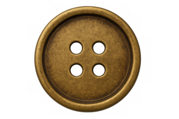 Golden button featuring four precision-drilled holes, reflecting light against transparent backdrop, ideal for garment design and crafting applications