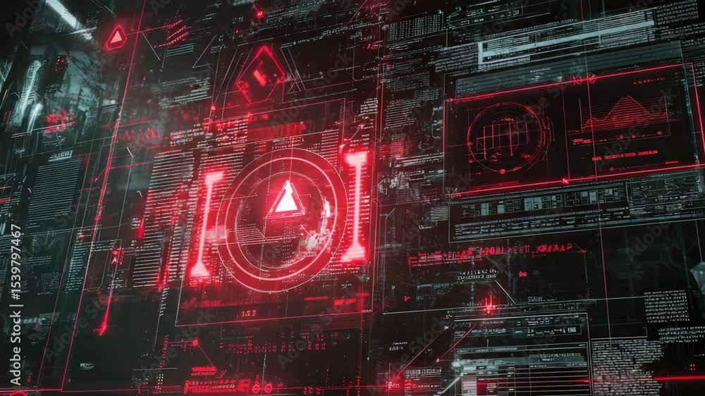 Poster A digital interface with red warning symbols and complex data graphics creates a futuristic technology alert scene.