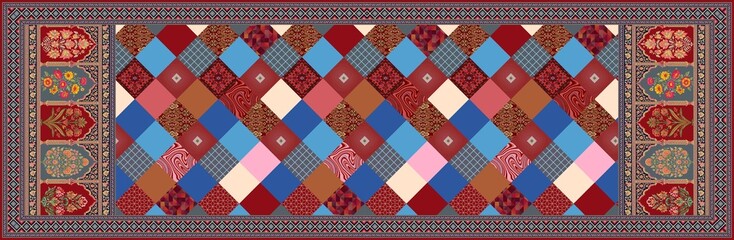 Obraz premium Digital print dupatta design featuring repeating diamond shapes with paisley, floral, and geometric patterns. Rich color palette and symmetrical composition make it perfect for fabric and fashion use.
