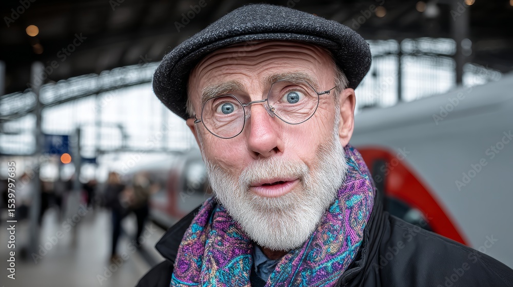 Poster man with a beard and glasses is wearing a hat and scarf. he is looking at the camera with a surprise