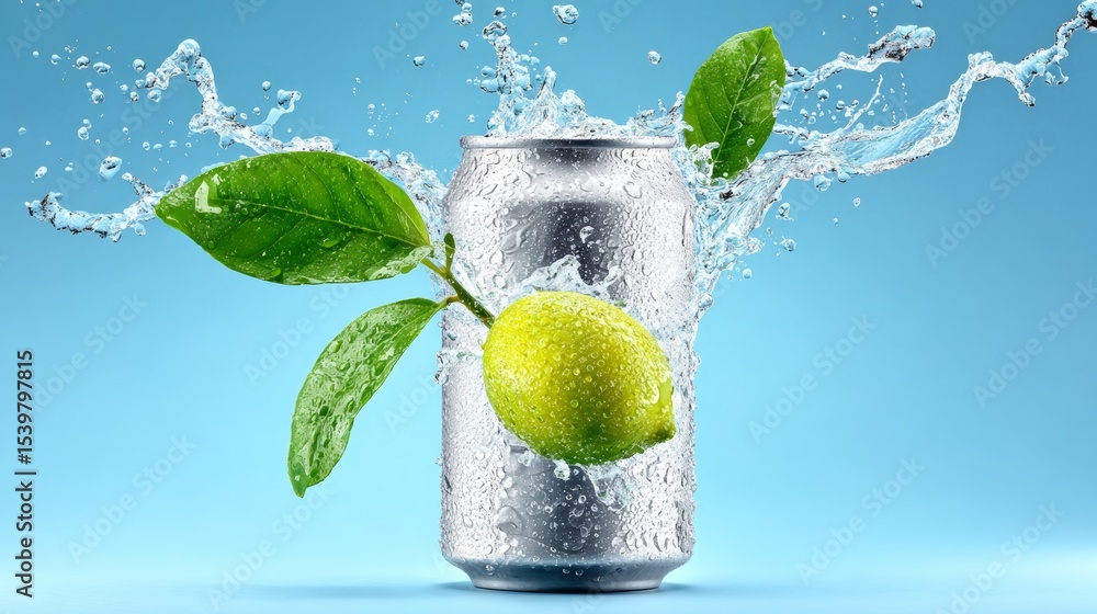 Poster can of soda with a lime on top of it. the can is filled with water and the lime is floating on top