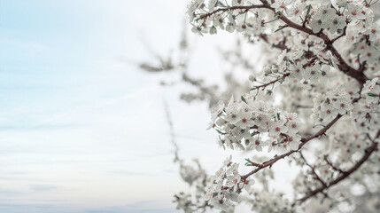 Cluster of pristine white blossoms on a tree branch, bathed in soft, natural daylight, symbolizing...