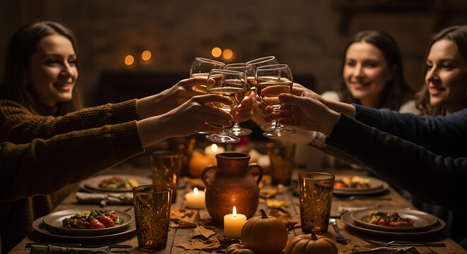 Warm Autumn Gathering: Friends Toasting with Wine at Rustic Dinner Table