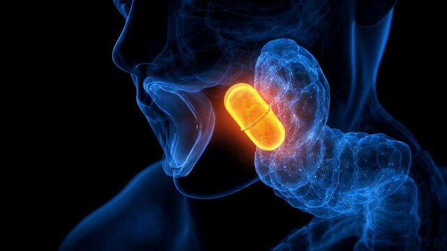 Medical animation revealing sublingual pill dissolving rapidly beneath tongue membrane, demonstrating precise drug delivery mechanism and immediate absorption into bloodstream through oral mucosa