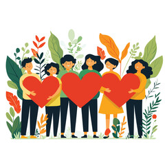 People from charitable foundation hold hearts symbolizing unity in fight for sustainable future for planet
