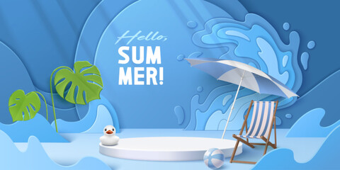 Hello summer 3d scene with white circular podium, paper waves and beach chair - tropical monstera leaves, rubber duck and umbrella decoration for seasonal product display and vacation promotion design © klyaksun