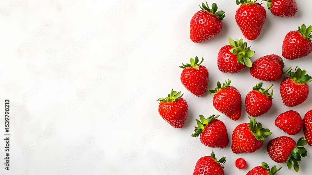 Poster top view flat lay strawberries on light background with copy space for happy ferragosto day.
