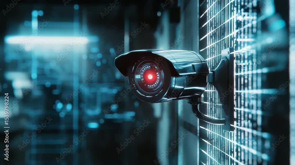 Poster A futuristic security camera with glowing details is mounted on a wall in a high-tech environment.