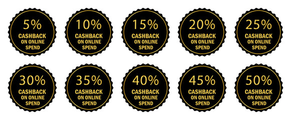 Luxury cashback badge set featuring gold text on black scalloped circles, from 5% to 50%. Perfect for online shopping promotions, premium deals, discounts, and ecommerce marketing.