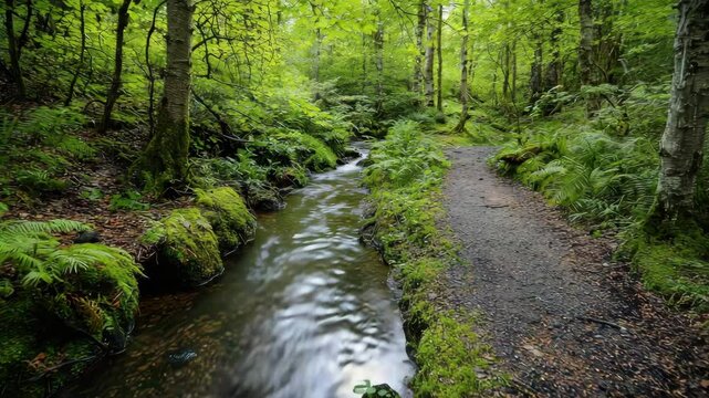 A serene forest path runs alongside a gently flowing stream surrounded by lush green ferns and tall trees.